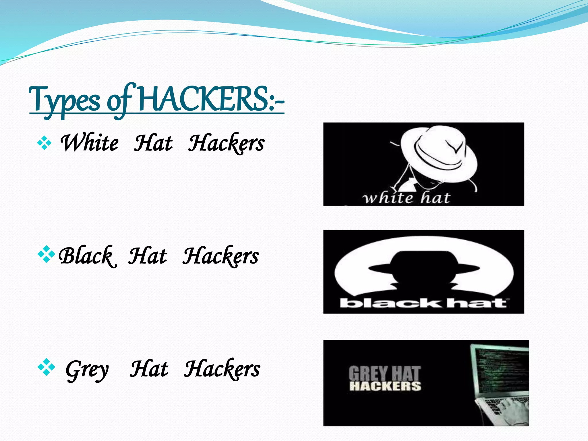 Types of HACKERS:-
 White Hat Hackers
Black Hat Hackers
 Grey Hat Hackers
 