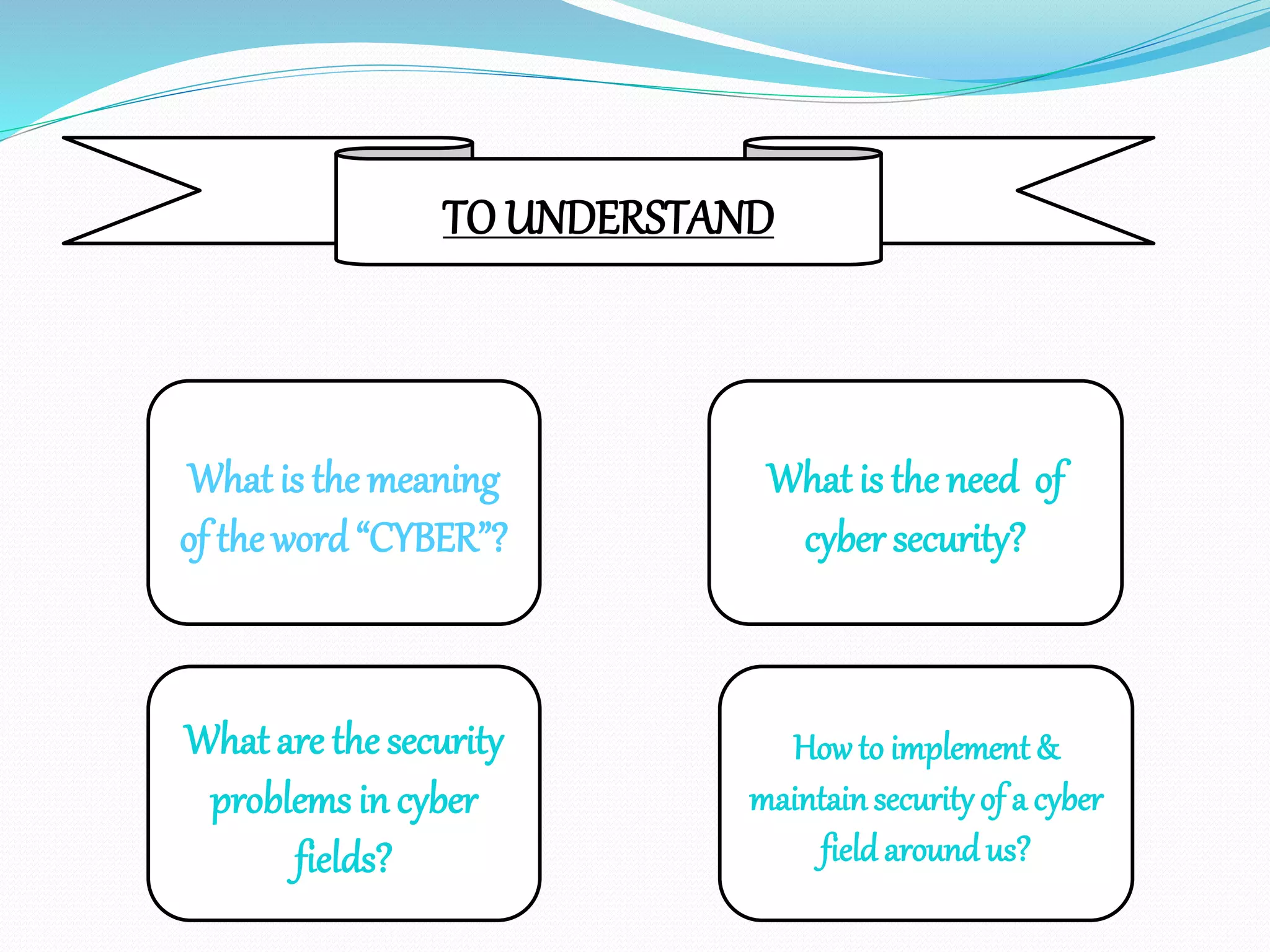 TO UNDERSTAND
What is the meaning
of the word “CYBER”?
What is the need of
cyber security?
What are the security
problems in cyber
fields?
Howto implement &
maintainsecurityof a cyber
field around us?
 