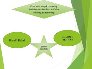 Code switching & borrowing
Social factors involved in Codes
witching & Borrowing
GROUP
MEMBERS
 