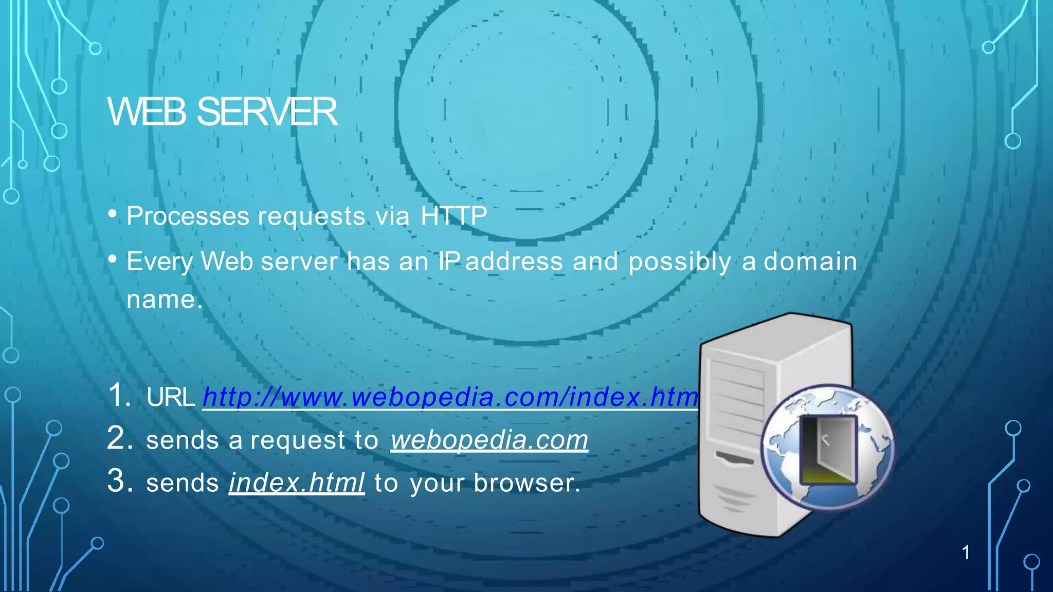 WEB SERVER
• Processes requests via HTTP
• Every Web server has an IPaddress and possibly a domain
name.
1. URL http://www.webopedia.com/index.html
2. sends a request to webopedia.com
3. sends index.html to your browser.
1
 