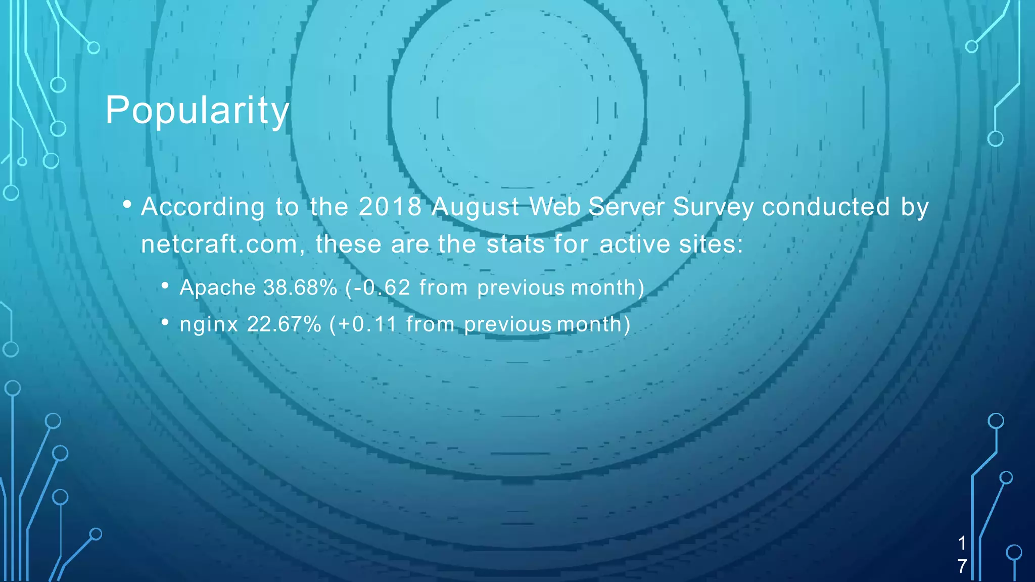 Popularity
1
7
• According to the 2018 August Web Server Survey conducted by
netcraft.com, these are the stats for active sites:
• Apache 38.68% (-0.62 from previous month)
• nginx 22.67% (+0.11 from previous month)
 