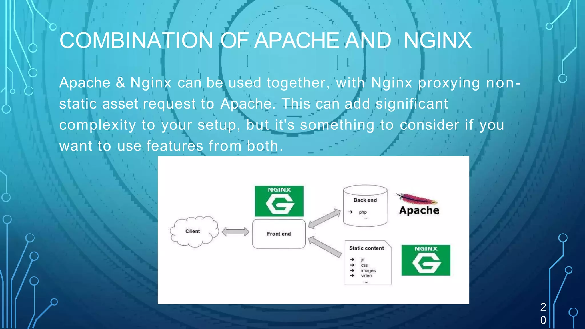 COMBINATION OF APACHE AND NGINX
Apache & Nginx can be used together, with Nginx proxying non-
static asset request to Apache. This can add significant
complexity to your setup, but it's something to consider if you
want to use features from both.
2
0
 