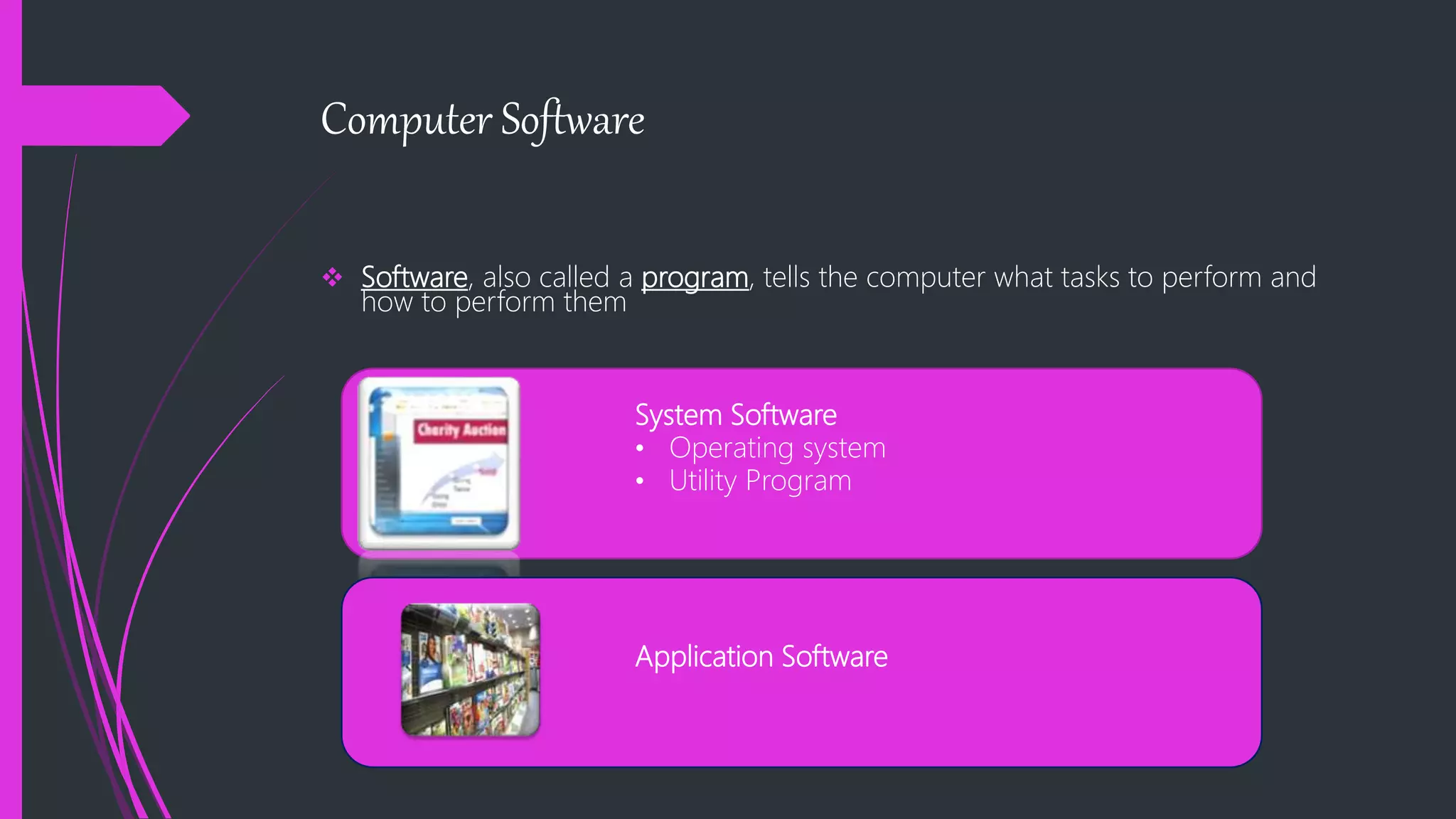 Computer Software
 Software, also called a program, tells the computer what tasks to perform and
how to perform them
System Software
• Operating system
• Utility Program
Application Software
 