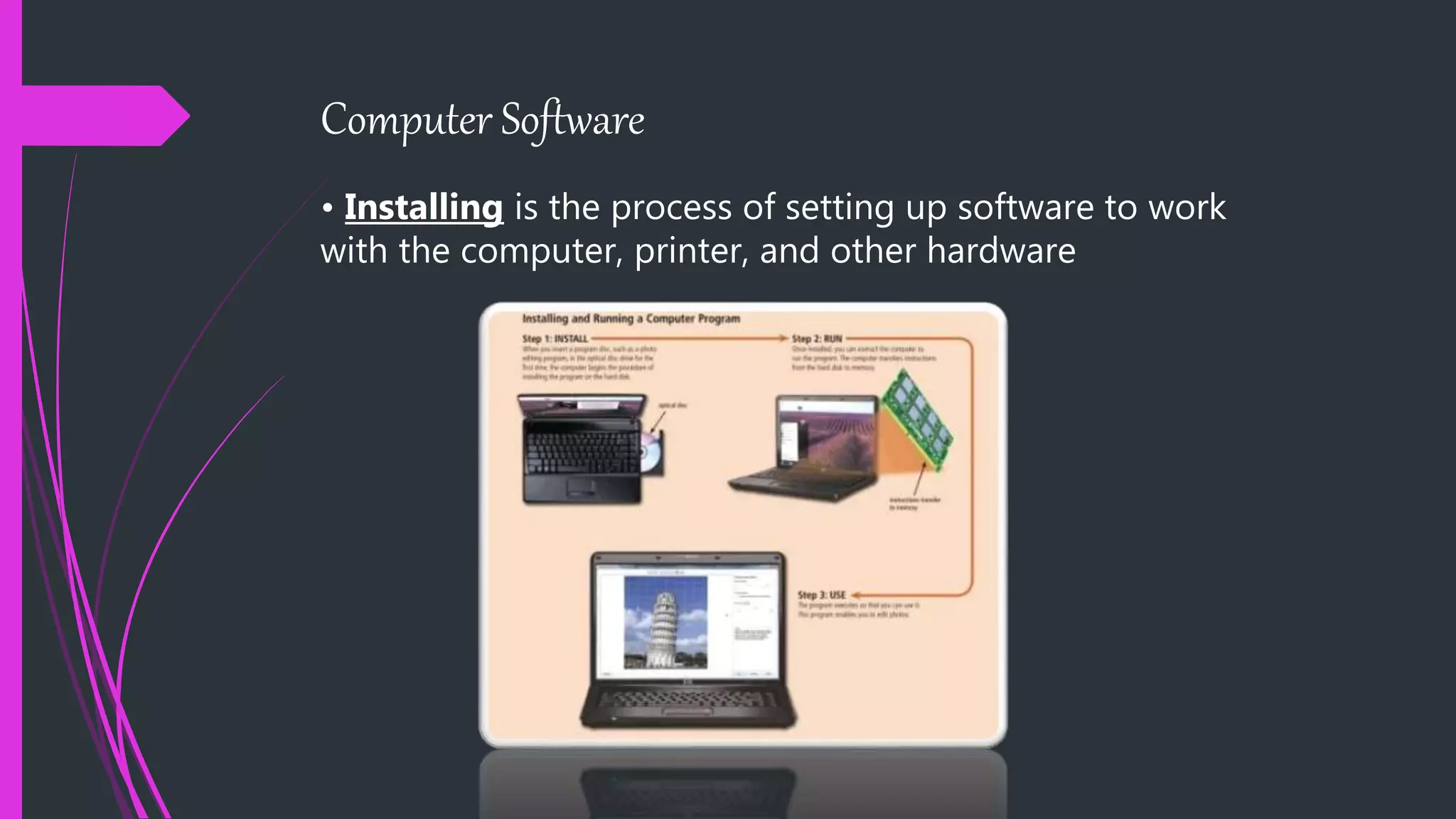 Computer Software
• Installing is the process of setting up software to work
with the computer, printer, and other hardware
 