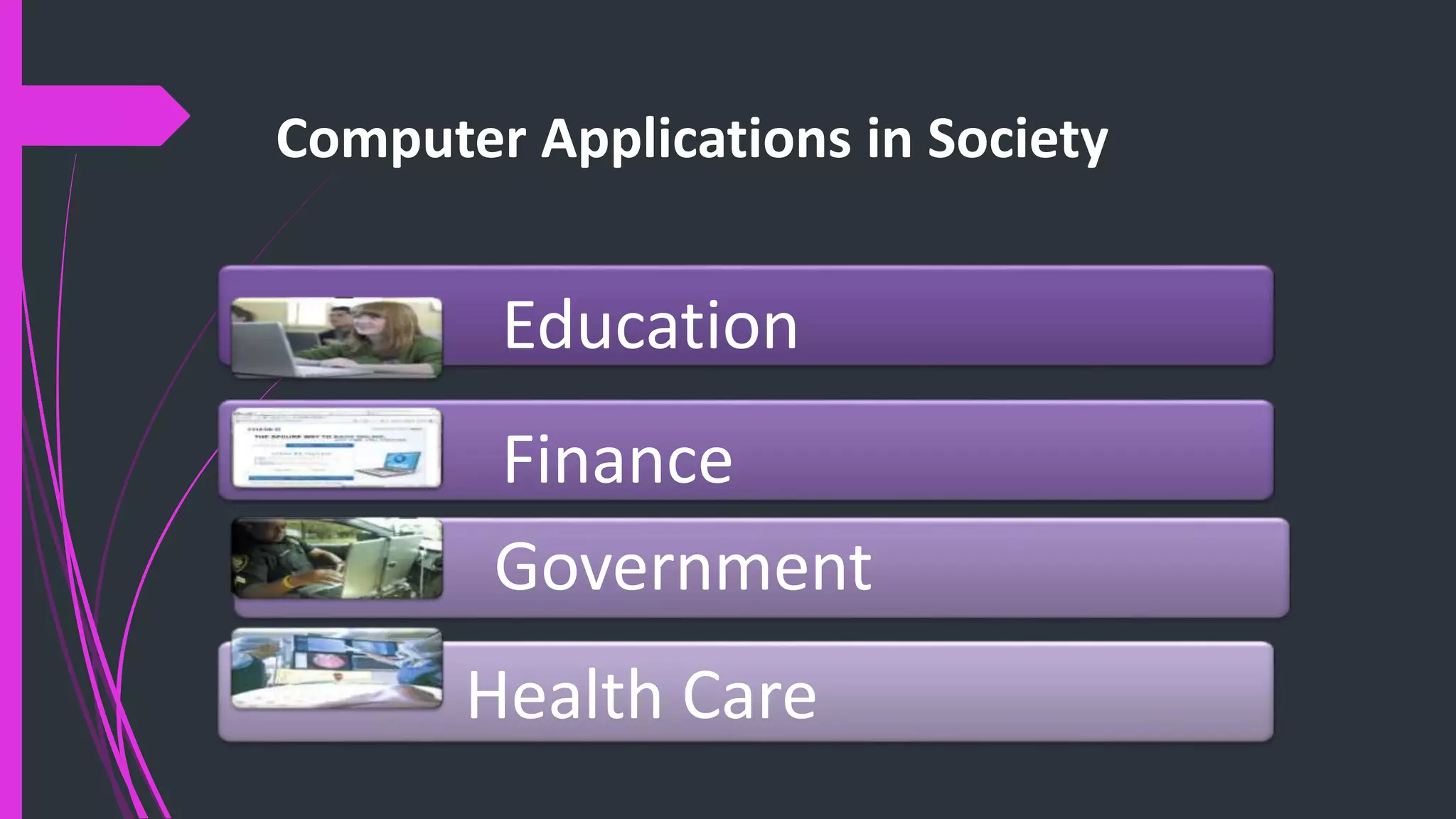 Computer Applications in Society
Education
Finance
Government
Health Care
 