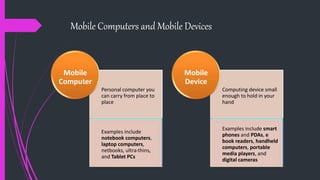 Mobile Computers and Mobile Devices
Personal computer you
can carry from place to
place
Examples include
notebook computers,
laptop computers,
netbooks, ultra-thins,
and Tablet PCs
Mobile
Computer
Computing device small
enough to hold in your
hand
Examples include smart
phones and PDAs, e
book readers, handheld
computers, portable
media players, and
digital cameras
Mobile
Device
 
