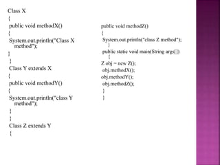 Class X
{
public void methodX()
{
System.out.println("Class X
method");
}
}
Class Y extends X
{
public void methodY()
{
System.out.println("class Y
method");
}
}
Class Z extends Y
{
public void methodZ()
{
System.out.println("class Z method");
}
public static void main(String args[])
{
Z obj = new Z();
obj.methodX();
obj.methodY();
obj.methodZ();
}
}
 