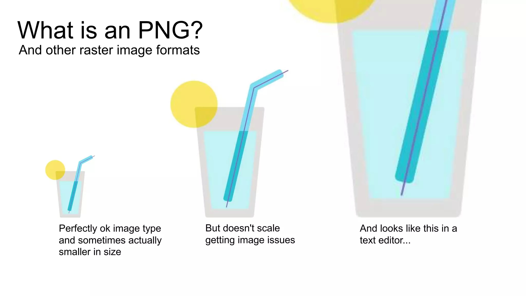 What is an PNG?
And other raster image formats
Perfectly ok image type
and sometimes actually
smaller in size
But doesn't scale
getting image issues
And looks like this in a
text editor...
 