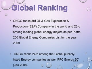 3/5/2019 6
• ONGC ranks 3rd Oil & Gas Exploration &
Production (E&P) Company in the world and 23rd
among leading global energy majors as per Platts
250 Global Energy Companies List for the year
2009
• ONGC ranks 24th among the Global publicly-
listed Energy companies as per ‘PFC Energy 50”
(Jan 2008)
 