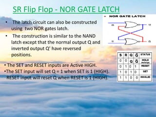 SR Flip Flop - NOR GATE LATCH
• The latch circuit can also be constructed
using two NOR gates latch.
• The construction is similar to the NAND
latch except that the normal output Q and
inverted output Q’ have reversed
positions.
• The SET and RESET inputs are Active HIGH.
•The SET input will set Q = 1 when SET is 1 (HIGH).
RESET input will reset Q when RESET is 1 (HIGH).
 