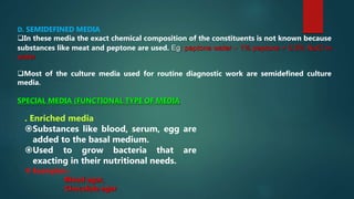 D. SEMIDEFINED MEDIA
In these media the exact chemical composition of the constituents is not known because
substances like meat and peptone are used. Eg: peptone water – 1% peptone + 0.5% NaCl in
water
Most of the culture media used for routine diagnostic work are semidefined culture
media.
SPECIAL MEDIA (FUNCTIONAL TYPE OF MEDIA
. Enriched media
Substances like blood, serum, egg are
added to the basal medium.
Used to grow bacteria that are
exacting in their nutritional needs.
 Examples:-
Blood agar,
Chocolate agar
 