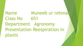 Name Muneeb ur rehman
Class No 651
Department Agronomy
Presentation Reespiration in
plants
 