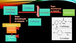 Levodopa/
Carbidopa
Carbidopa
Adverse
effects
Dopamine
Dopamine
Peripherrally
Carbidopa
Levodopa
Levodopa
Carbidopa
 