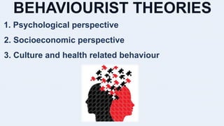 BEHAVIOURIST THEORIES
1. Psychological perspective
2. Socioeconomic perspective
3. Culture and health related behaviour
 