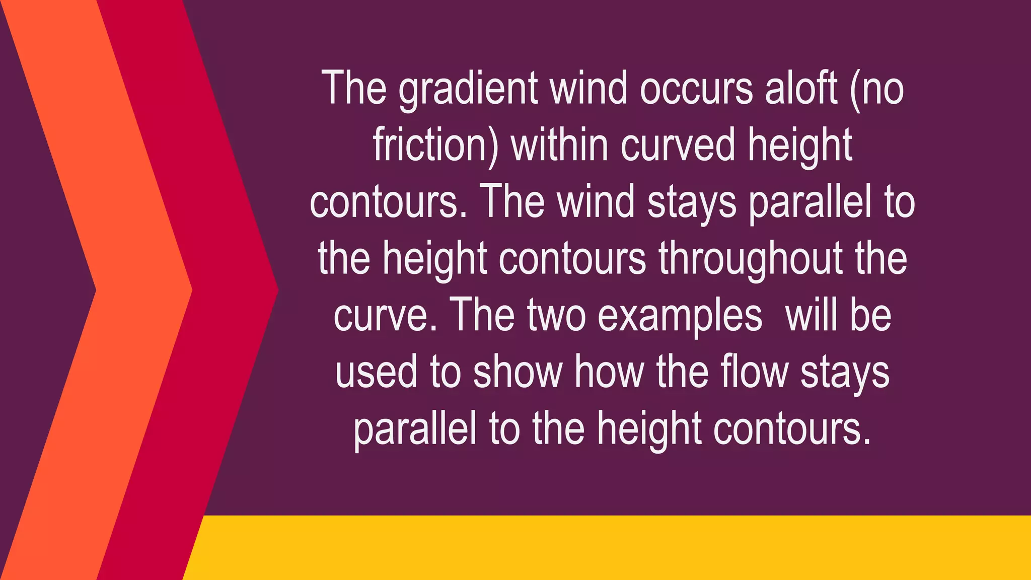The gradient wind occurs aloft (no
friction) within curved height
contours. The wind stays parallel to
the height contours throughout the
curve. The two examples will be
used to show how the flow stays
parallel to the height contours.
 
