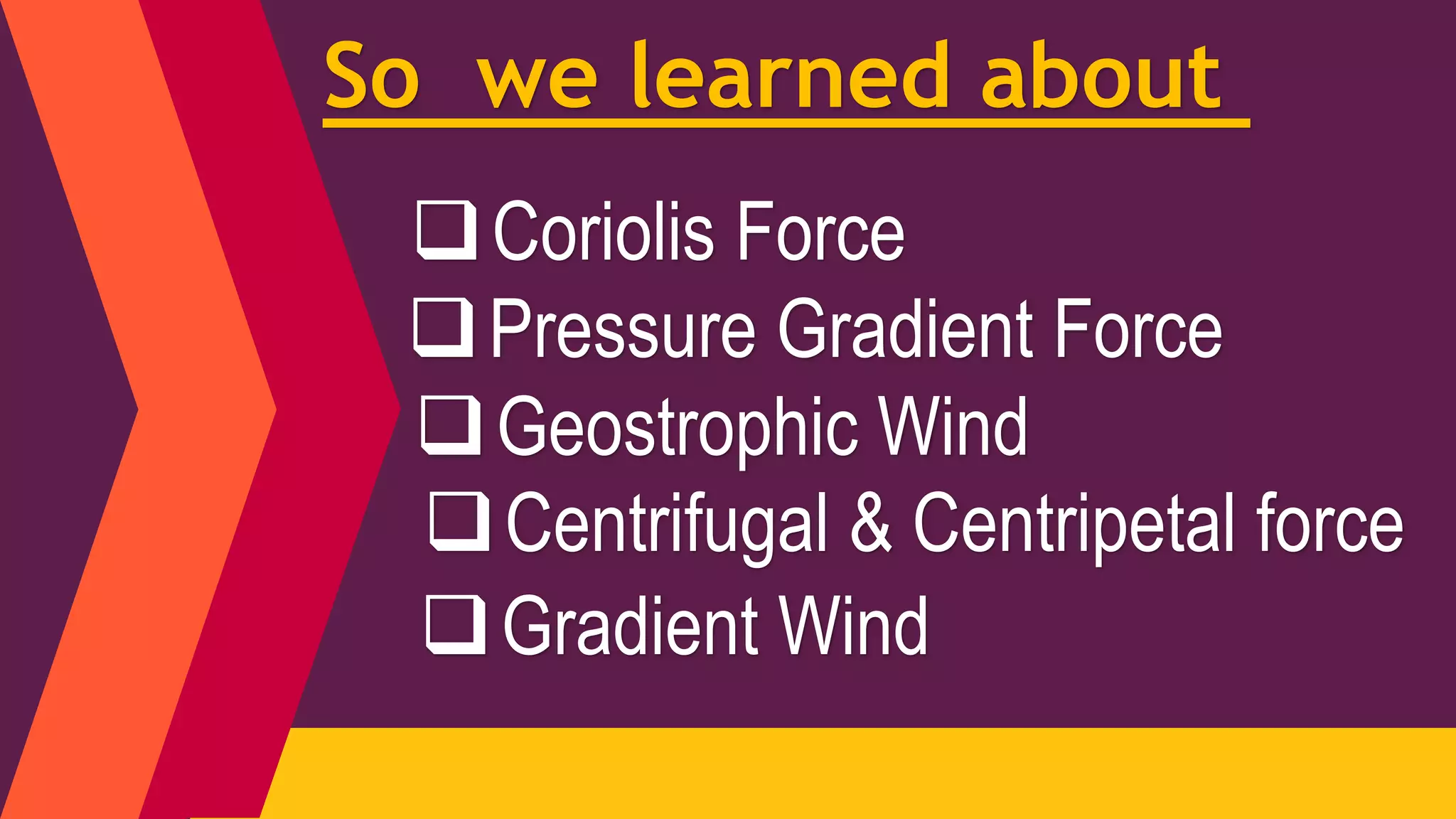 So we learned about
Coriolis Force
Gradient Wind
Centrifugal & Centripetal force
Pressure Gradient Force
Geostrophic Wind
 