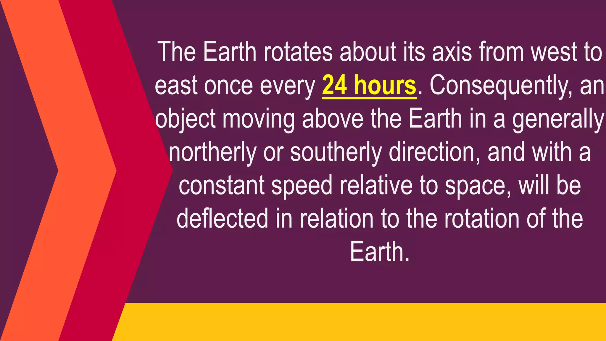 The Earth rotates about its axis from west to
east once every 24 hours. Consequently, an
object moving above the Earth in a generally
northerly or southerly direction, and with a
constant speed relative to space, will be
deflected in relation to the rotation of the
Earth.
 