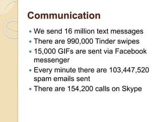 Communication
 We send 16 million text messages
 There are 990,000 Tinder swipes
 15,000 GIFs are sent via Facebook
messenger
 Every minute there are 103,447,520
spam emails sent
 There are 154,200 calls on Skype
 