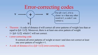 Error-correcting codes
• Theorem : A code of distance d will correct all error patterns of weight less than or
equal to (d−1)/2 . Moreover, there is at least one error pattern of weight
1+ (d−1)/2 which C will not correct.
• t error-correcting code
It corrects all error patterns of weight at most t and does not correct at least
one error pattern of weight t+1.
• A code of distance d is a (d−1)/2 error-correcting code.
v
u
w+ For all v in C, if it is
closer to v than any other
word in C, a code C can
correct u.
 