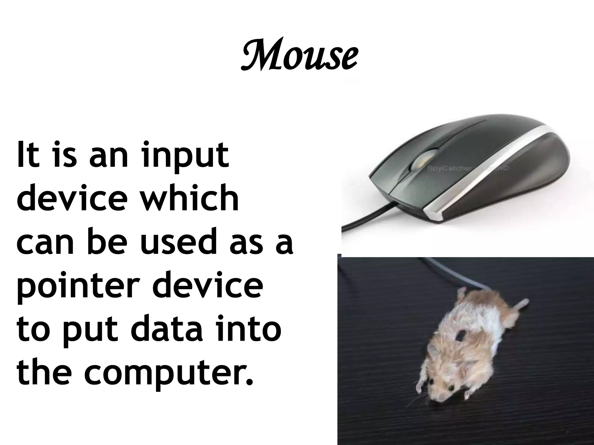 Mouse
It is an input
device which
can be used as a
pointer device
to put data into
the computer.
 