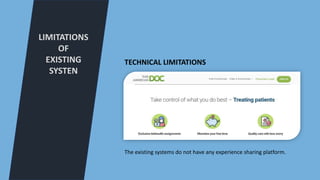 LIMITATIONS
OF
EXISTING
SYSTEN
TECHNICAL LIMITATIONS
The existing systems do not have any experience sharing platform.
 