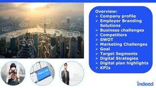 Overview:
 Company profile
 Employer Branding
Solutions
 Business challenges
 Competitors
 SWOT
 Marketing Challenges
 Goal
 Target Segments
 Digital Strategies
 Digital plan highlights
 KPIs
 