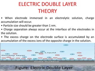 ELECTRIC DOUBLE LAYER
THEORY
• When electrode immersed in an electrolytic solution, charge
accumulation will occur.
• Particle size should be greater than 1 nm.
• Charge separation always occur at the interface of the electrodes in
the solution.
• The excess charge on the electrode surface is accumulated by an
accumulation of the excess ions of the opposite charge in the solution.
 