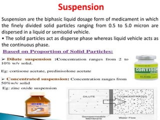 Suspension
Suspension are the biphasic liquid dosage form of medicament in which
the finely divided solid particles ranging from 0.5 to 5.0 micron are
dispersed in a liquid or semisolid vehicle.
• The solid particles act as disperse phase whereas liquid vehicle acts as
the continuous phase.
 