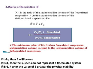 If f=fo, then B will be one
If B=1, then the suspension not represent a flocculated system
If B>1, higher the value of B greater the physical stability
 