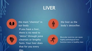 LIVER
the main “chemist” in
our body
the liver as the
body’s detoxifier.
If you have a liver,
there is no need to
“detox” through juice
cleanses or lengthy
fasts. Your liver does
that for you every
day.
Muscular exercise can cause
highly pathological liver
function tests in healthy men
 