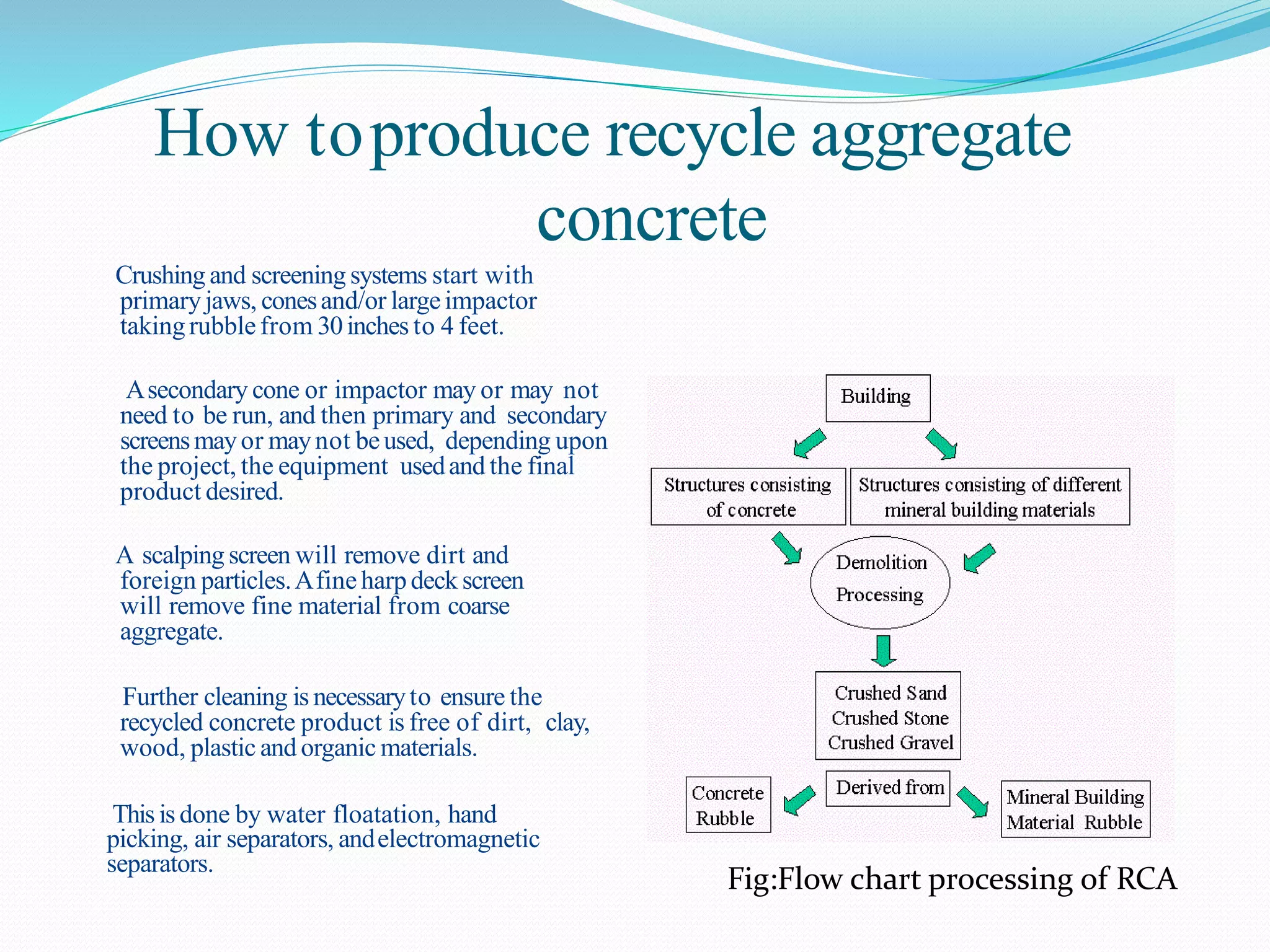 How toproduce recycle aggregate
concrete
Crushing and screening systems start with
primaryjaws, conesand/or largeimpactor
takingrubblefrom 30inches to 4 feet.
Asecondary cone or impactor may or may not
need to be run, and then primary and secondary
screensmayor maynot beused, depending upon
the project, the equipment usedand the final
product desired.
A scalping screen will remove dirt and
foreign particles.Afine harpdeck screen
will remove fine material from coarse
aggregate.
Further cleaning is necessaryto ensure the
recycled concrete product is free of dirt, clay,
wood, plastic and organic materials.
Thisis done by water floatation, hand
picking, air separators, andelectromagnetic
separators.
Fig:Flow chart processing of RCA
 