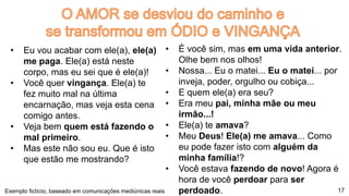 • Eu vou acabar com ele(a), ele(a)
me paga. Ele(a) está neste
corpo, mas eu sei que é ele(a)!
• Você quer vingança. Ele(a) te
fez muito mal na última
encarnação, mas veja esta cena
comigo antes.
• Veja bem quem está fazendo o
mal primeiro.
• Mas este não sou eu. Que é isto
que estão me mostrando?
17
• É você sim, mas em uma vida anterior.
Olhe bem nos olhos!
• Nossa... Eu o matei... Eu o matei... por
inveja, poder, orgulho ou cobiça...
• E quem ele(a) era seu?
• Era meu pai, minha mãe ou meu
irmão...!
• Ele(a) te amava?
• Meu Deus! Ele(a) me amava... Como
eu pode fazer isto com alguém da
minha família!?
• Você estava fazendo de novo! Agora é
hora de você perdoar para ser
perdoado.Exemplo fictício, baseado em comunicações mediúnicas reais
 