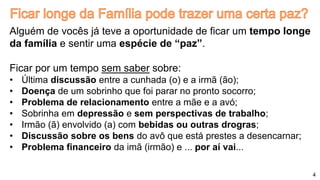 Alguém de vocês já teve a oportunidade de ficar um tempo longe
da família e sentir uma espécie de “paz”.
Ficar por um tempo sem saber sobre:
• Última discussão entre a cunhada (o) e a irmã (ão);
• Doença de um sobrinho que foi parar no pronto socorro;
• Problema de relacionamento entre a mãe e a avó;
• Sobrinha em depressão e sem perspectivas de trabalho;
• Irmão (ã) envolvido (a) com bebidas ou outras drogras;
• Discussão sobre os bens do avô que está prestes a desencarnar;
• Problema financeiro da imã (irmão) e ... por aí vai...
4
 