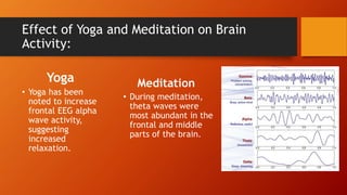Effect of Yoga and Meditation on Brain
Activity:
Yoga
• Yoga has been
noted to increase
frontal EEG alpha
wave activity,
suggesting
increased
relaxation.
Meditation
• During meditation,
theta waves were
most abundant in the
frontal and middle
parts of the brain.
 