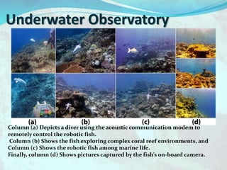 Underwater Observatory
Column (a) Depicts a diver using the acoustic communication modem to
remotely control the robotic fish.
Column (b) Shows the fish exploring complex coral reef environments, and
Column (c) Shows the robotic fish among marine life.
Finally, column (d) Shows pictures captured by the fish’s on-board camera.
 