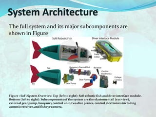 The full system and its major subcomponents are
shown in Figure
Figure : SoFi System Overview. Top (left to right): Soft robotic fish and diver interface module.
Bottom (left to right): Subcomponents of the system are the elastomer tail (cut view),
external gear pump, buoyancy control unit, two dive planes, control electronics including
acoustic receiver, and fisheye camera.
 