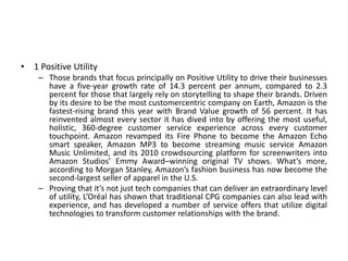 • 1 Positive Utility
– Those brands that focus principally on Positive Utility to drive their businesses
have a five-year growth rate of 14.3 percent per annum, compared to 2.3
percent for those that largely rely on storytelling to shape their brands. Driven
by its desire to be the most customercentric company on Earth, Amazon is the
fastest-rising brand this year with Brand Value growth of 56 percent. It has
reinvented almost every sector it has dived into by offering the most useful,
holistic, 360-degree customer service experience across every customer
touchpoint. Amazon revamped its Fire Phone to become the Amazon Echo
smart speaker, Amazon MP3 to become streaming music service Amazon
Music Unlimited, and its 2010 crowdsourcing platform for screenwriters into
Amazon Studios’ Emmy Award–winning original TV shows. What’s more,
according to Morgan Stanley, Amazon’s fashion business has now become the
second-largest seller of apparel in the U.S.
– Proving that it’s not just tech companies that can deliver an extraordinary level
of utility, L’Oréal has shown that traditional CPG companies can also lead with
experience, and has developed a number of service offers that utilize digital
technologies to transform customer relationships with the brand.
 