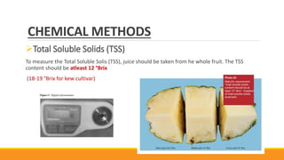 CHEMICAL METHODS
Total Soluble Solids (TSS)
To measure the Total Soluble Solis (TSS), juice should be taken from he whole fruit. The TSS
content should be atleast 12 °Brix
(18-19 °Brix for kew cultivar)
 
