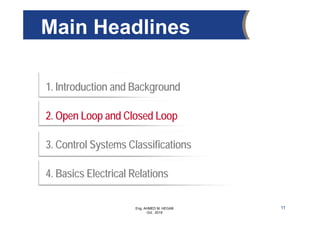Eng. AHMED M. HEGAB
Oct. 2019
1. Introduction and Background
2. Open Loop and Closed Loop
3. Control Systems Classifications
4. Basics Electrical Relations
Main Headlines
11
 