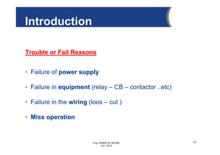 Eng. AHMED M. HEGAB
Oct. 2019
Introduction
Trouble or Fail Reasons
• Failure of power supply
• Failure in equipment (relay – CB – contactor ..etc)
• Failure in the wiring (loos – cut )
• Miss operation
77
 