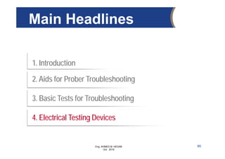 Eng. AHMED M. HEGAB
Oct. 2019
Main Headlines
1. Introduction
2. Aids for Prober Troubleshooting
3. Basic Tests for Troubleshooting
4. Electrical Testing Devices
85
 