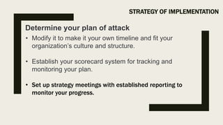 STRATEGY OF IMPLEMENTATION
Determine your plan of attack
• Modify it to make it your own timeline and fit your
organization’s culture and structure.
• Establish your scorecard system for tracking and
monitoring your plan.
• Set up strategy meetings with established reporting to
monitor your progress.
 
