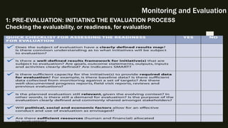 Monitoring and Evaluation
1: PRE-EVALUATION: INITIATING THE EVALUATION PROCESS
Checking the evaluability, or readiness, for evaluation
 