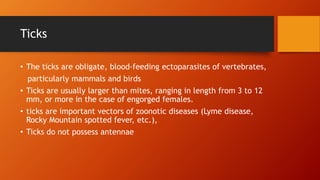Ticks
• The ticks are obligate, blood-feeding ectoparasites of vertebrates,
particularly mammals and birds
• Ticks are usually larger than mites, ranging in length from 3 to 12
mm, or more in the case of engorged females.
• ticks are important vectors of zoonotic diseases (Lyme disease,
Rocky Mountain spotted fever, etc.),
• Ticks do not possess antennae
 