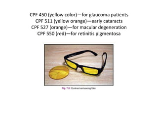 CPF 450 (yellow color)—for glaucoma patients
CPF 511 (yellow orange)—early cataracts
CPF 527 (orange)—for macular degeneration
CPF 550 (red)—for retinitis pigmentosa
 