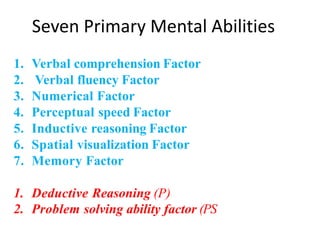 Seven Primary Mental Abilities
1. Verbal comprehension Factor
2. Verbal fluency Factor
3. Numerical Factor
4. Perceptual speed Factor
5. Inductive reasoning Factor
6. Spatial visualization Factor
7. Memory Factor
1. Deductive Reasoning (P)
2. Problem solving ability factor (PS
 