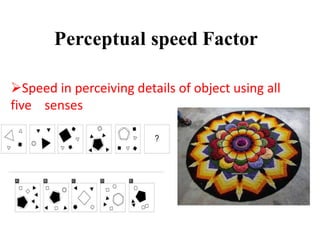 Perceptual speed Factor
Speed in perceiving details of object using all
five senses
 