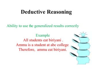 Deductive Reasoning
Ability to use the generalized results correctly
Example
All students eat biriyani .
Ammu is a student at abc college.
Therefore, ammu eat biriyani.
 