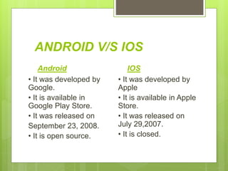 ANDROID V/S IOS
Android
• It was developed by
Google.
• It is available in
Google Play Store.
• It was released on
September 23, 2008.
• It is open source.
IOS
• It was developed by
Apple
• It is available in Apple
Store.
• It was released on
July 29,2007.
• It is closed.
 