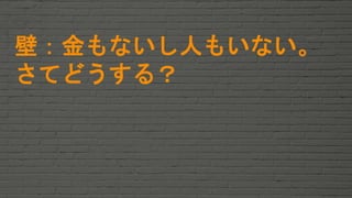 Twitter: @hal_sk
壁：金もないし人もいない。
さてどうする？
 